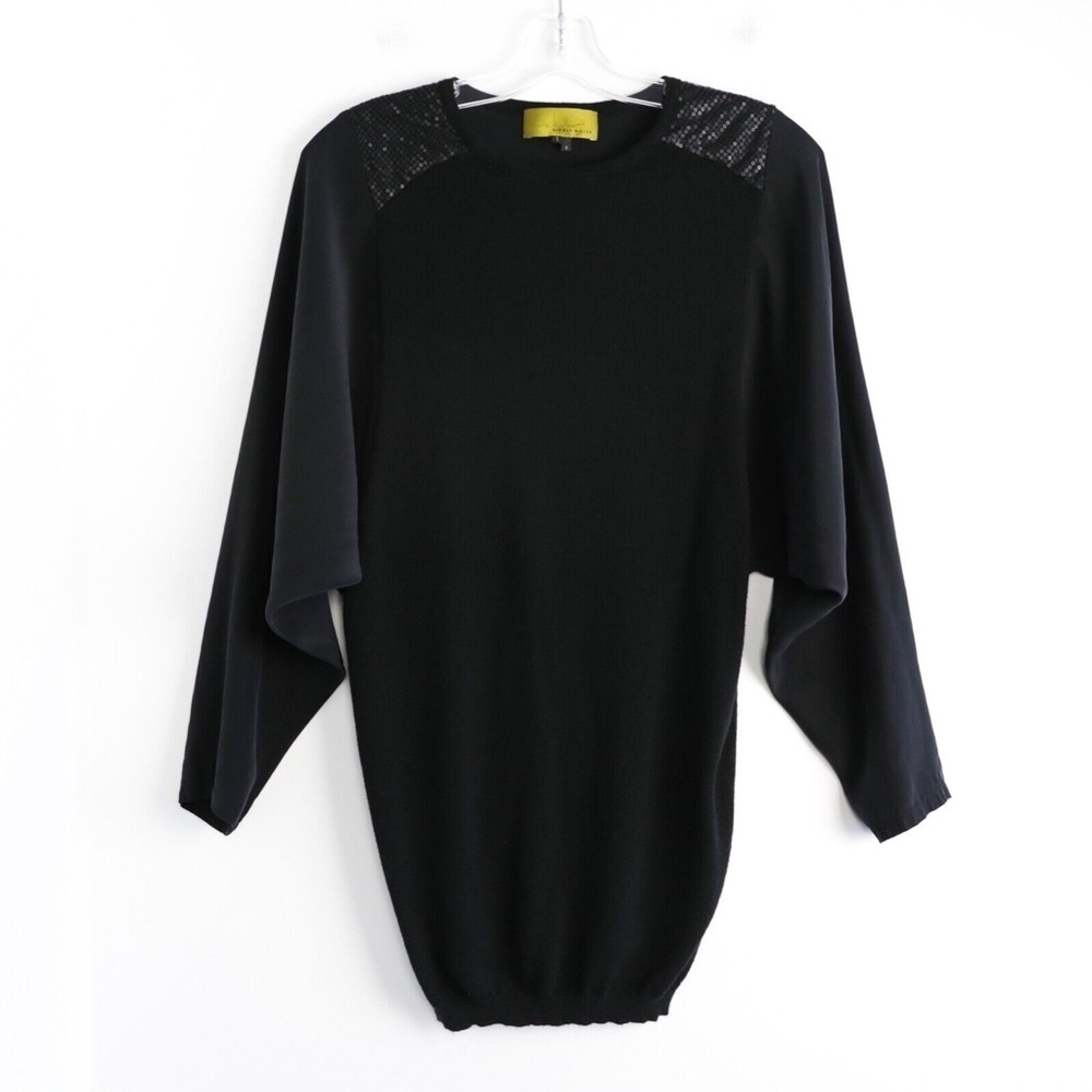 Nicole Miller Black Batwing Sweater Long Knit Top Sequin Silk Tunic Mixed Fabric